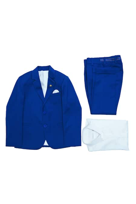 Partykles Blue Terry Rayon Plain Notched Lapel Collar Blazer Pant Set 