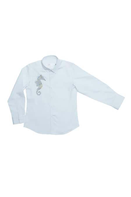 Partykles White 100% Cotton Satin Embroidered Thread And Cut Dana Placement Seahorse Shirt 