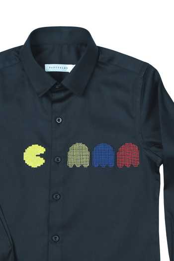 Partykles_Black Cotton Satin Embroidery Packman Thread Shirt _Online_at_Aza_Fashions