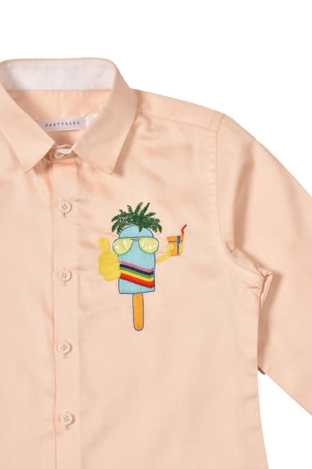 Partykles_Peach Cotton Satin Embroidery, Applique Placement Ice Cream Shirt _Online_at_Aza_Fashions