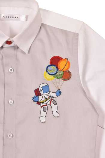 Partykles_Grey Cotton Satin Applique, Embroidery Astronaut Balloon Thread Shirt _Online_at_Aza_Fashions