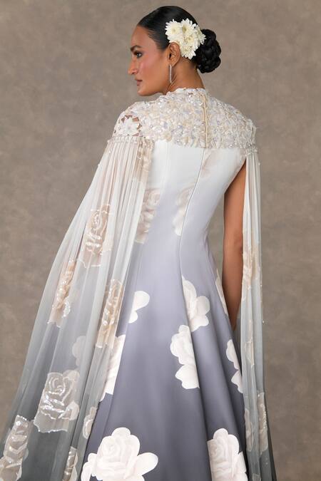 Shop_Masaba_Black Georgette, Kota Doria Pearls, Monochrome Gulaab Print Gown And Cape Set_at_Aza_Fashions