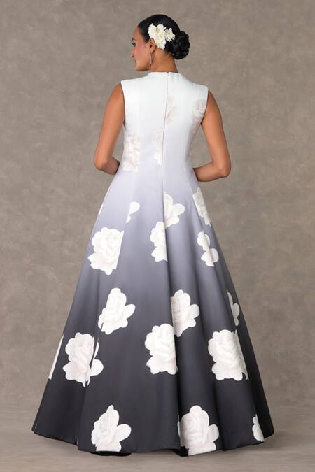 Masaba_Black Georgette, Kota Doria Pearls, Monochrome Gulaab Print Gown And Cape Set_Online_at_Aza_Fashions