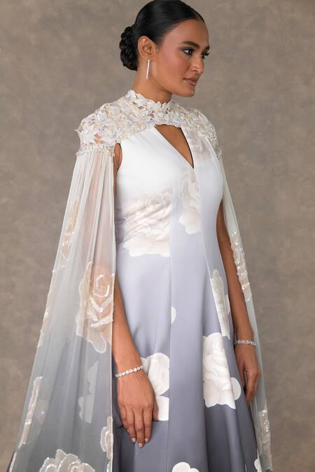 Shop_Masaba_Black Georgette, Kota Doria Pearls, Monochrome Gulaab Print Gown And Cape Set_Online_at_Aza_Fashions