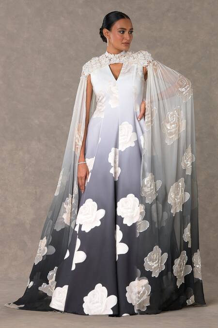 Masaba_Black Georgette, Kota Doria Pearls, Monochrome Gulaab Print Gown And Cape Set_at_Aza_Fashions