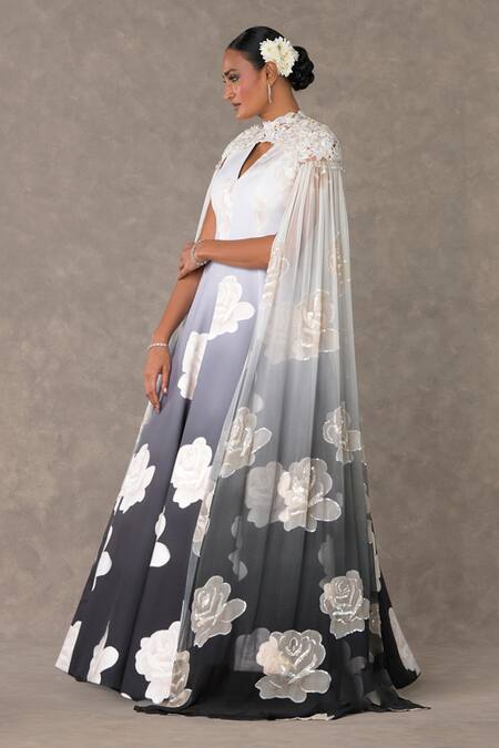 Buy_Masaba_Black Georgette, Kota Doria Pearls, Monochrome Gulaab Print Gown And Cape Set