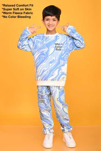 Anthrilo_Blue Cotton, Fleece Marble Print Sweatshirt And Jogger Set_Online_at_Aza_Fashions