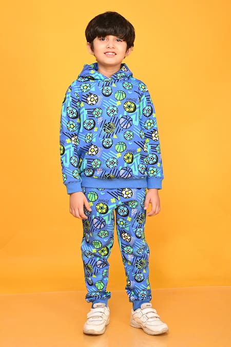 Anthrilo Blue Cotton Rich Warm Fleece Printed Football Sweatshirt Jogger Set 