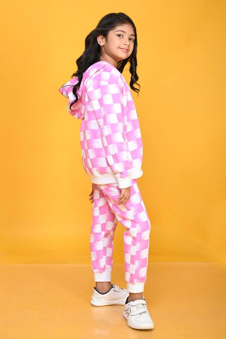 Anthrilo_Pink Cotton Checkered Zipper Hoodie And Jogger Set_Online_at_Aza_Fashions