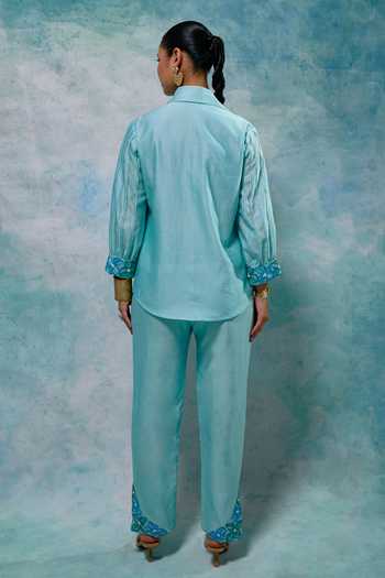 Shop Sakshi Khetterpal Blue Chanderi Beads, Embroidery Collared Hand Shirt And Pant Set at Aza Fashions Shop_Sakshi Khetterpal_Blue Chanderi Beads, Embroidery Collared Hand Shirt And Pant Set _at_Aza_Fashions