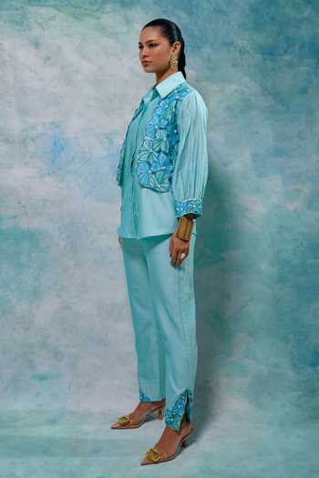 Sakshi Khetterpal Blue Chanderi Beads, Embroidery Collared Hand Shirt And Pant Set Online at Aza Fashions Sakshi Khetterpal_Blue Chanderi Beads, Embroidery Collared Hand Shirt And Pant Set _Online_at_Aza_Fashions