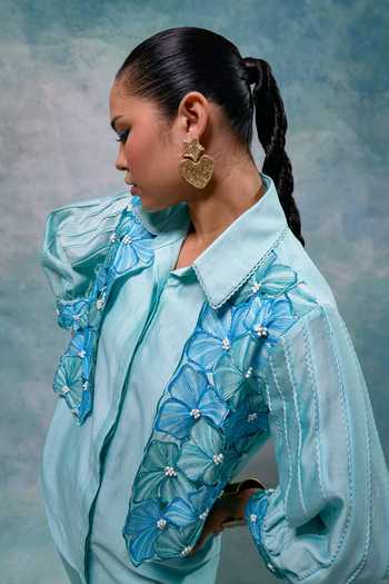 Shop Sakshi Khetterpal Blue Chanderi Beads, Embroidery Collared Hand Shirt And Pant Set Online at Aza Fashions Shop_Sakshi Khetterpal_Blue Chanderi Beads, Embroidery Collared Hand Shirt And Pant Set _Online_at_Aza_Fashions