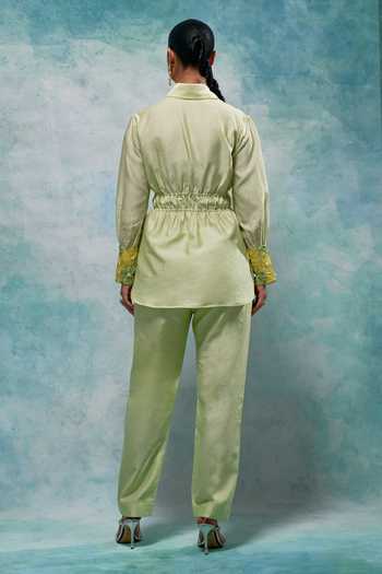 Shop Sakshi Khetterpal Green Chanderi Beads, Embroidery Collared High-low Shirt And Pant Set at Aza Fashions Shop_Sakshi Khetterpal_Green Chanderi Beads, Embroidery Collared High-low Shirt And Pant Set _at_Aza_Fashions