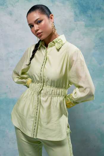 Buy Sakshi Khetterpal Green Chanderi Beads, Embroidery Collared High-low Shirt And Pant Set Online at Aza Fashions Buy_Sakshi Khetterpal_Green Chanderi Beads, Embroidery Collared High-low Shirt And Pant Set _Online_at_Aza_Fashions