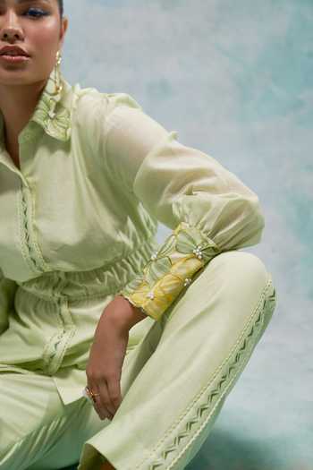 Shop Sakshi Khetterpal Green Chanderi Beads, Embroidery Collared High-low Shirt And Pant Set Online at Aza Fashions Shop_Sakshi Khetterpal_Green Chanderi Beads, Embroidery Collared High-low Shirt And Pant Set _Online_at_Aza_Fashions