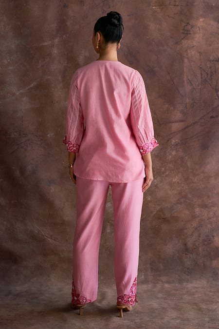 Shop Sakshi Khetterpal Pink Chanderi Embroidery Round Neck Placket Top And Pant Set at Aza Fashions Shop_Sakshi Khetterpal_Pink Chanderi Embroidery Round Neck Placket Top And Pant Set _at_Aza_Fashions