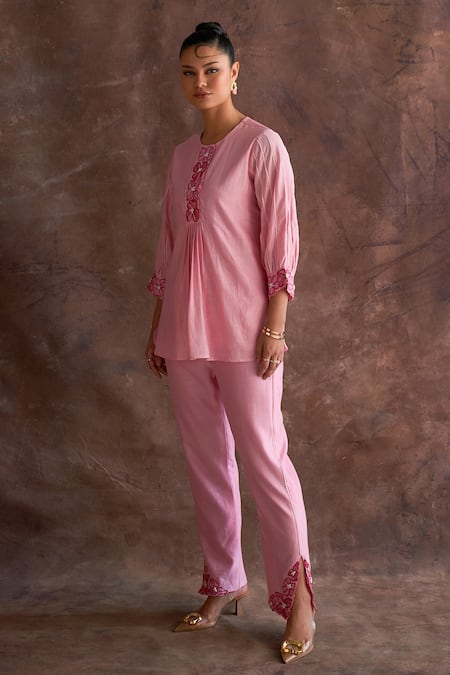Sakshi Khetterpal Pink Chanderi Embroidery Round Neck Placket Top And Pant Set Online at Aza Fashions Sakshi Khetterpal_Pink Chanderi Embroidery Round Neck Placket Top And Pant Set _Online_at_Aza_Fashions