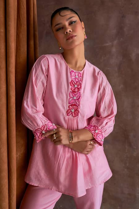 Buy Sakshi Khetterpal Pink Chanderi Embroidery Round Neck Placket Top And Pant Set Online at Aza Fashions Buy_Sakshi Khetterpal_Pink Chanderi Embroidery Round Neck Placket Top And Pant Set _Online_at_Aza_Fashions