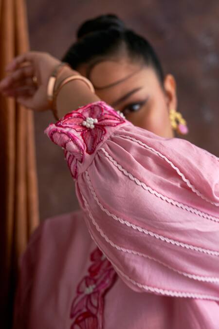 Shop Sakshi Khetterpal Pink Chanderi Embroidery Round Neck Placket Top And Pant Set Online at Aza Fashions Shop_Sakshi Khetterpal_Pink Chanderi Embroidery Round Neck Placket Top And Pant Set _Online_at_Aza_Fashions