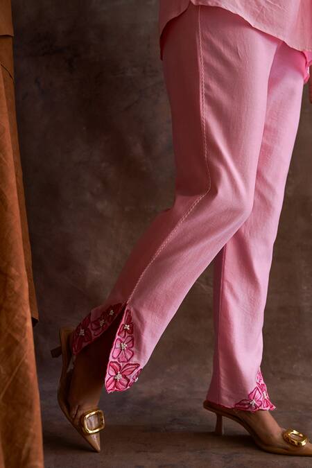 Sakshi Khetterpal Pink Chanderi Embroidery Round Neck Placket Top And Pant Set at Aza Fashions Sakshi Khetterpal_Pink Chanderi Embroidery Round Neck Placket Top And Pant Set _at_Aza_Fashions