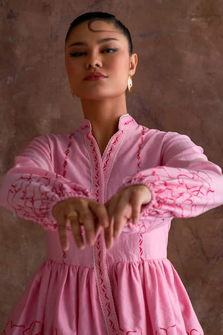 Sakshi Khetterpal_Pink Chanderi Embroidery Mandarin Collar Hem Peplum Top And Pant Set _Online_at_Aza_Fashions