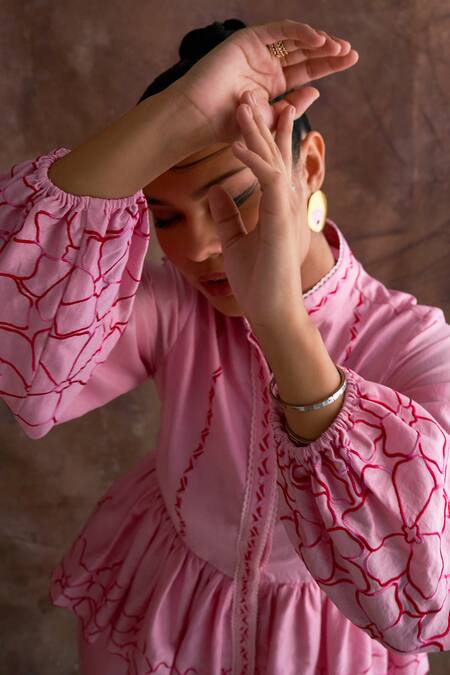 Buy_Sakshi Khetterpal_Pink Chanderi Embroidery Mandarin Collar Hem Peplum Top And Pant Set _Online_at_Aza_Fashions