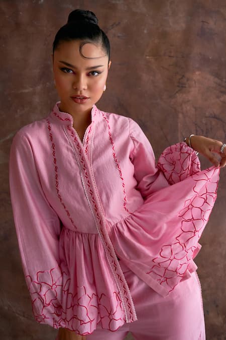 Shop_Sakshi Khetterpal_Pink Chanderi Embroidery Mandarin Collar Hem Peplum Top And Pant Set _Online_at_Aza_Fashions