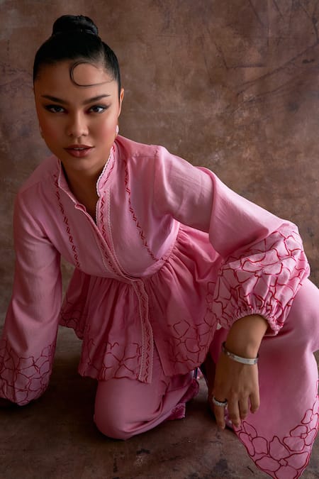 Sakshi Khetterpal_Pink Chanderi Embroidery Mandarin Collar Hem Peplum Top And Pant Set _at_Aza_Fashions