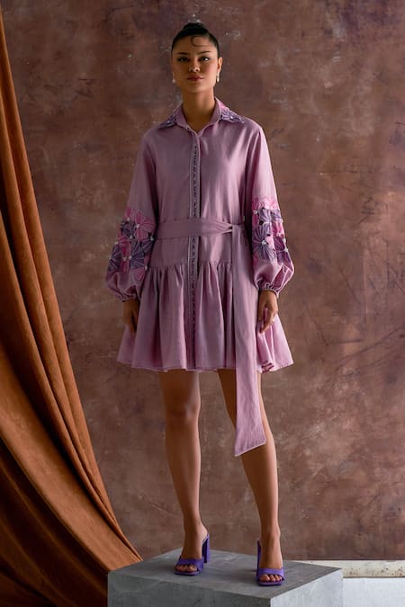 Sakshi Khetterpal_Purple Chanderi Embroidery, Beads Collared Sleeve Shirt Dress _Online_at_Aza_Fashions