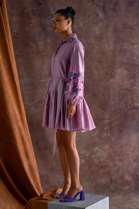 Buy_Sakshi Khetterpal_Purple Chanderi Embroidery, Beads Collared Sleeve Shirt Dress _Online_at_Aza_Fashions