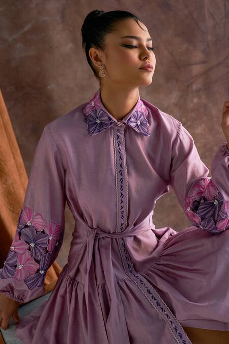 Shop_Sakshi Khetterpal_Purple Chanderi Embroidery, Beads Collared Sleeve Shirt Dress _Online_at_Aza_Fashions