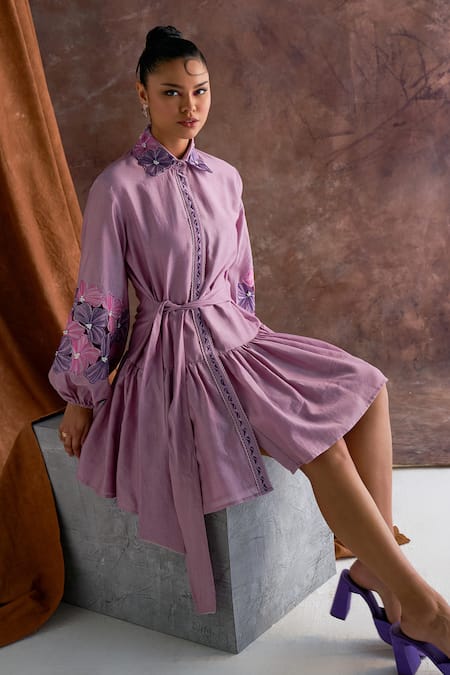 Sakshi Khetterpal_Purple Chanderi Embroidery, Beads Collared Sleeve Shirt Dress _at_Aza_Fashions
