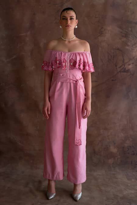 Sakshi Khetterpal Pink Chanderi Hand Embroidered Floral Off Shoulder Sleeve Jumpsuit With Belt 