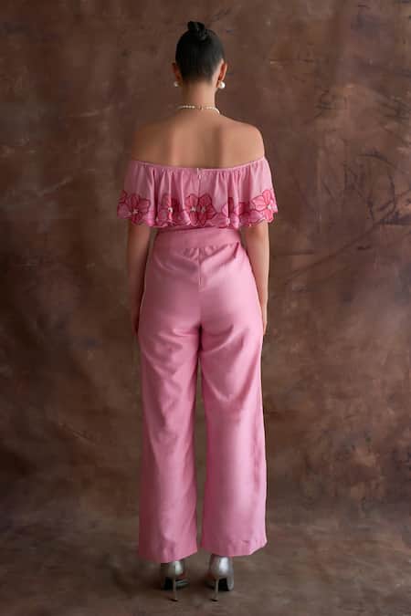 Shop Sakshi Khetterpal Pink Chanderi Embroidery Off-shoulder Sleeve Jumpsuit With Belt at Aza Fashions Shop_Sakshi Khetterpal_Pink Chanderi Embroidery Off-shoulder Sleeve Jumpsuit With Belt _at_Aza_Fashions