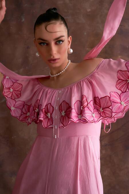 Buy Sakshi Khetterpal Pink Chanderi Embroidery Off-shoulder Sleeve Jumpsuit With Belt Online at Aza Fashions Buy_Sakshi Khetterpal_Pink Chanderi Embroidery Off-shoulder Sleeve Jumpsuit With Belt _Online_at_Aza_Fashions