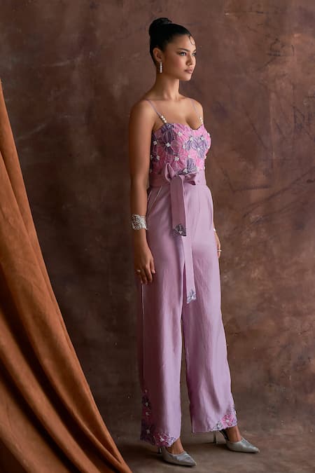 Sakshi Khetterpal_Purple Chanderi Embroidery, Beads, Pearls Bodice Corset Jumpsuit With Belt _Online_at_Aza_Fashions