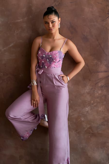 Buy_Sakshi Khetterpal_Purple Chanderi Embroidery, Beads, Pearls Bodice Corset Jumpsuit With Belt _Online_at_Aza_Fashions
