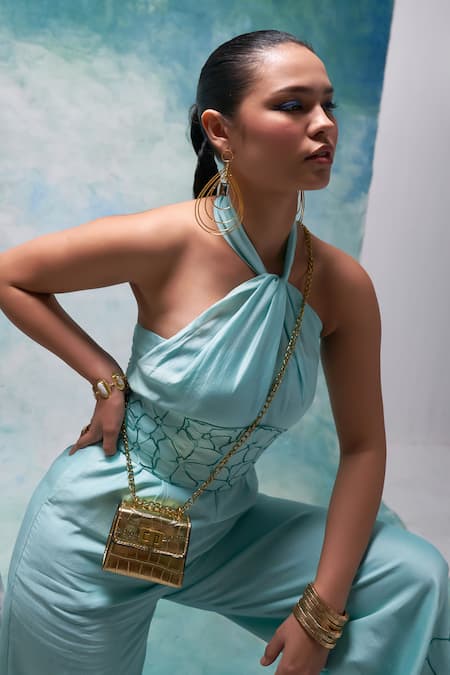 Sakshi Khetterpal_Blue Chanderi Embroidery Halter Neck Hem Jumpsuit With Belt _Online_at_Aza_Fashions