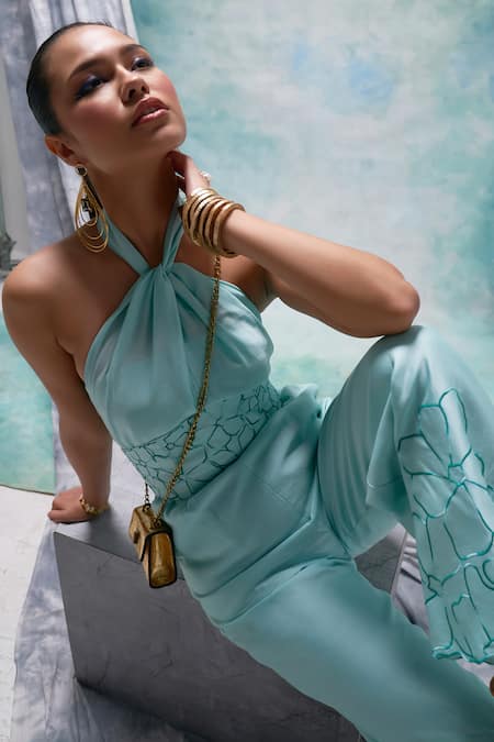 Buy_Sakshi Khetterpal_Blue Chanderi Embroidery Halter Neck Hem Jumpsuit With Belt _Online_at_Aza_Fashions