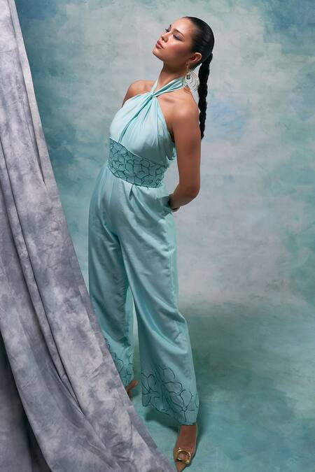 Shop_Sakshi Khetterpal_Blue Chanderi Embroidery Halter Neck Hem Jumpsuit With Belt _Online_at_Aza_Fashions