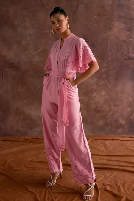 Sakshi Khetterpal Pink Chanderi Embroidery Mandarin Collar Sleeve Jumpsuit With Belt Online at Aza Fashions Sakshi Khetterpal_Pink Chanderi Embroidery Mandarin Collar Sleeve Jumpsuit With Belt _Online_at_Aza_Fashions