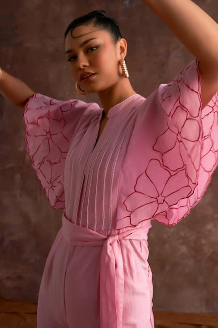 Shop Sakshi Khetterpal Pink Chanderi Embroidery Mandarin Collar Sleeve Jumpsuit With Belt Online at Aza Fashions Shop_Sakshi Khetterpal_Pink Chanderi Embroidery Mandarin Collar Sleeve Jumpsuit With Belt _Online_at_Aza_Fashions