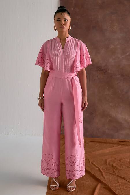 Shop Sakshi Khetterpal Pink Chanderi Embroidery Mandarin Collar Sleeve Jumpsuit With Belt Shop_Sakshi Khetterpal_Pink Chanderi Embroidery Mandarin Collar Sleeve Jumpsuit With Belt