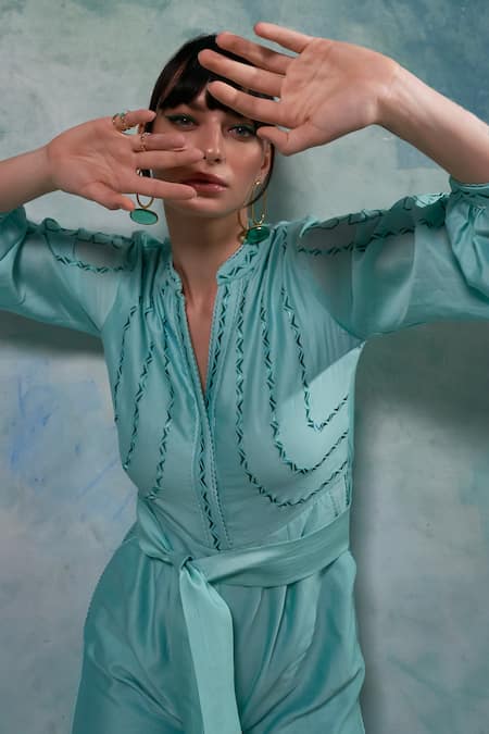 Sakshi Khetterpal_Blue Chanderi Embroidery Mandarin Collar Sleeve Jumpsuit With Belt _Online_at_Aza_Fashions