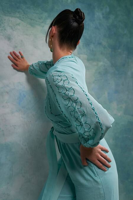 Buy_Sakshi Khetterpal_Blue Chanderi Embroidery Mandarin Collar Sleeve Jumpsuit With Belt _Online_at_Aza_Fashions