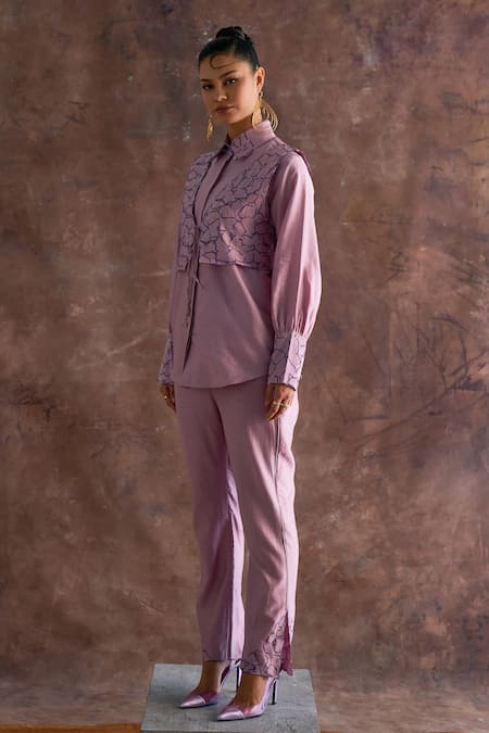 Shop Sakshi Khetterpal Purple Chanderi Embroidery Collared, V-neck Floral Waistcoat With Pant Set at Aza Fashions Shop_Sakshi Khetterpal_Purple Chanderi Embroidery Collared, V-neck Floral Waistcoat With Pant Set _at_Aza_Fashions