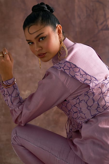 Sakshi Khetterpal Purple Chanderi Embroidery Collared, V-neck Floral Waistcoat With Pant Set Online at Aza Fashions Sakshi Khetterpal_Purple Chanderi Embroidery Collared, V-neck Floral Waistcoat With Pant Set _Online_at_Aza_Fashions
