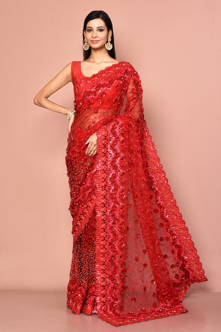 Nazaakat by Samara Singh Red Saree Net Embroidered Sequin Applique With Unstitched Blouse Piece