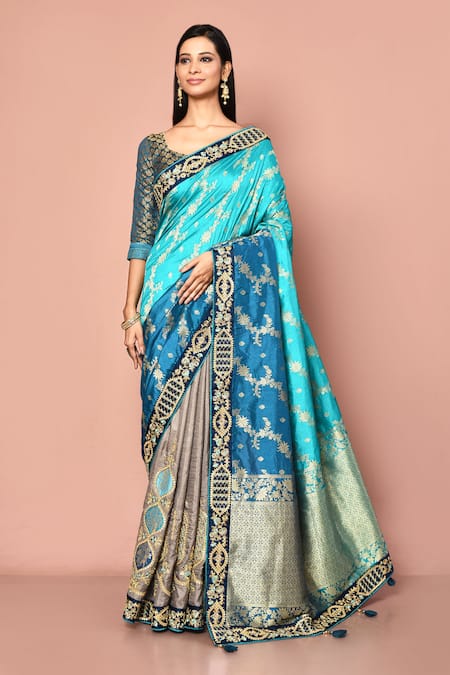 Nazaakat by Samara Singh Blue Saree Banarasi Silk Woven Paisley Pattern With Unstitched Blouse Piece