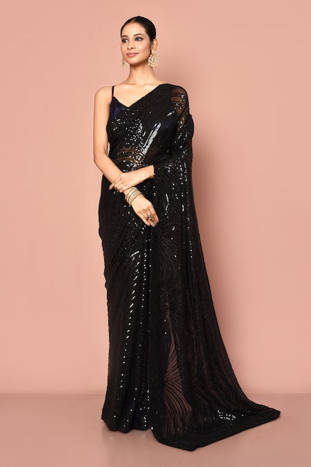 Nazaakat by Samara Singh Black Saree Soft Net Embellished Sequins Tonal With Unstitched Blouse Piece
